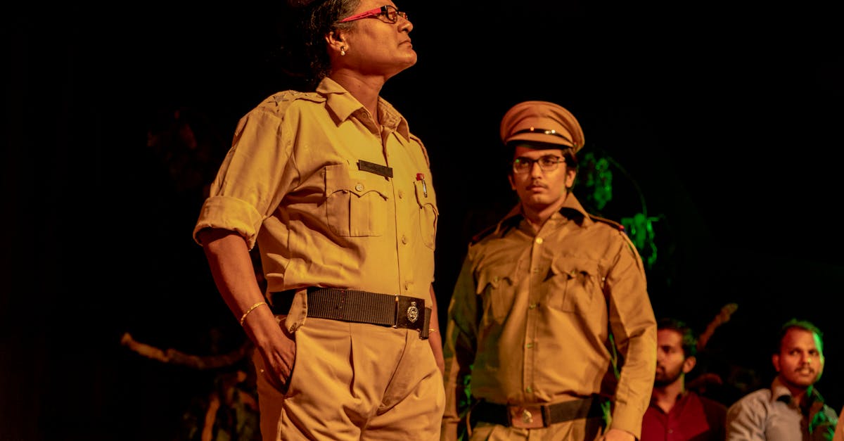 Portrait of Indian police officers in uniform performing on stage.