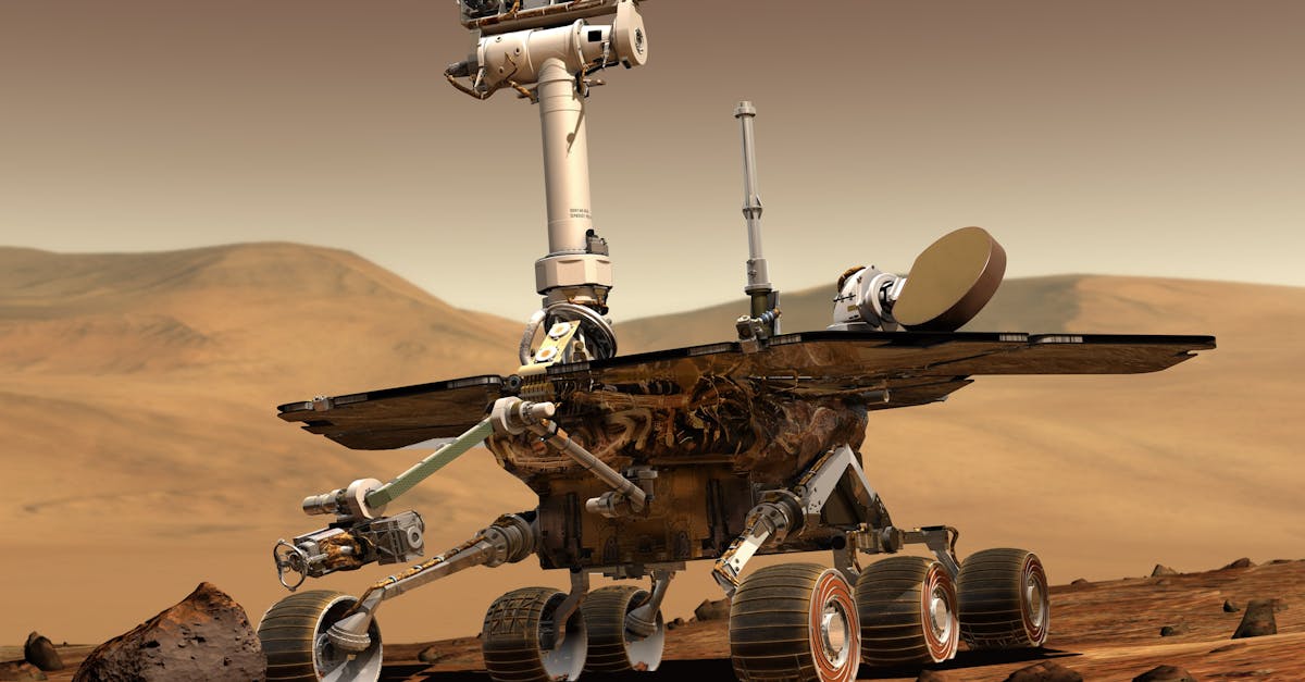 Mars exploration rover conducting research on Martian surface, showcasing technology and science.