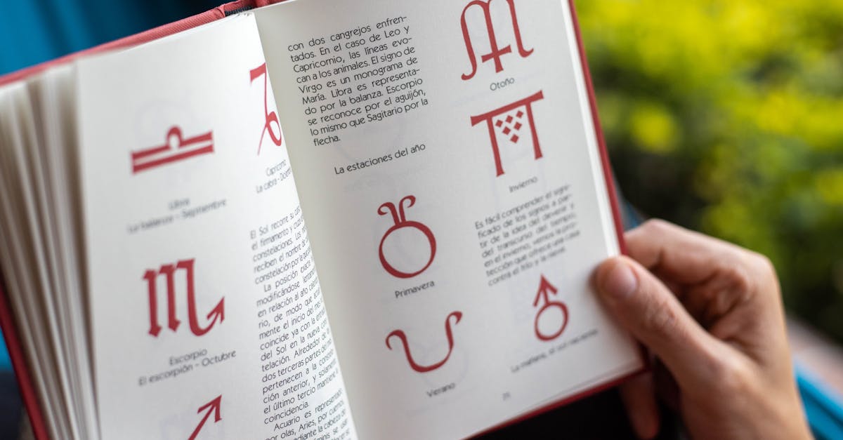Open book displaying zodiac symbols and seasonal descriptions being held by hands.