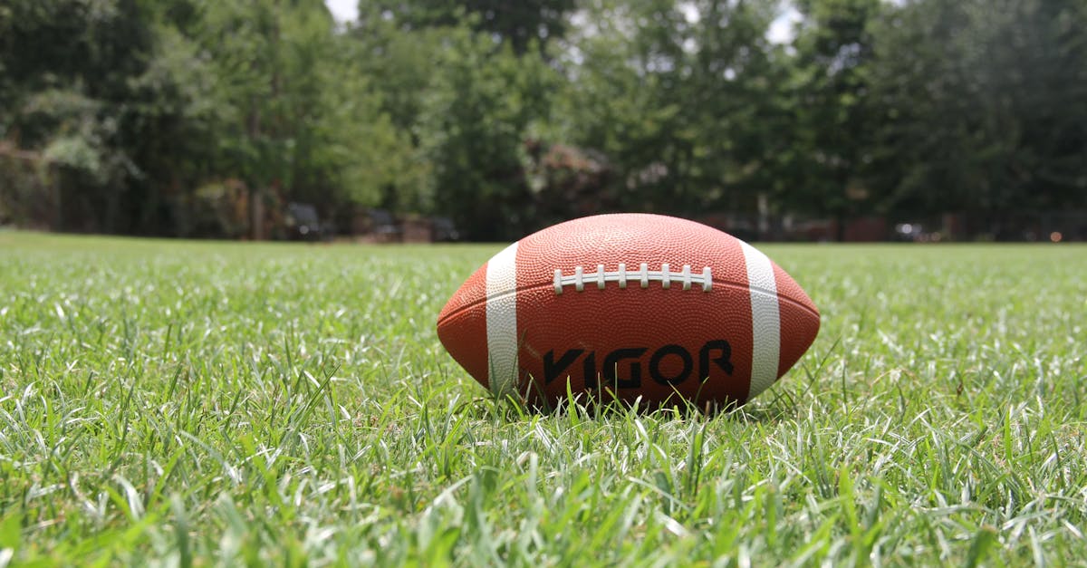 A close-up of an American football on a grassy field, highlighting outdoor sports in summer.